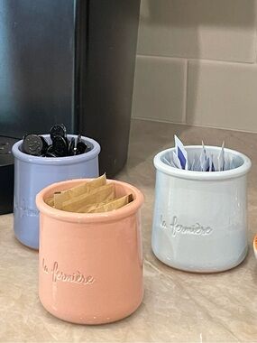 3 La Fermiere terracotta pots - pink, blue, & blue-lavender w-lid stoppers